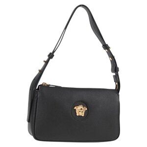 VERSACE Hand Bag Leather Black Gold Auth 118692A